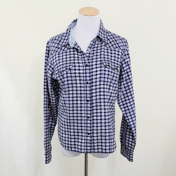 Wrangler plaid pearl snap button down shirt blue - Picture 1 of 5
